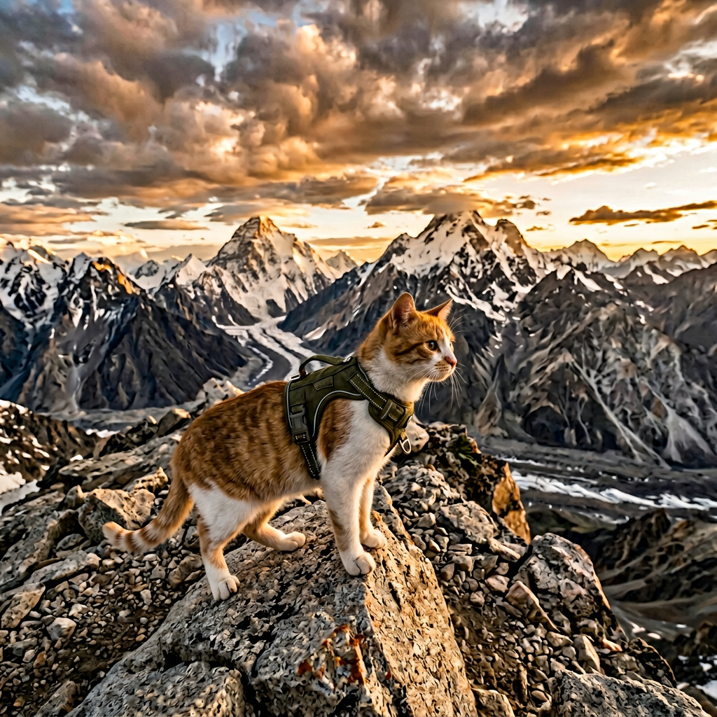 Cat standing on a mountain summit at sunrise